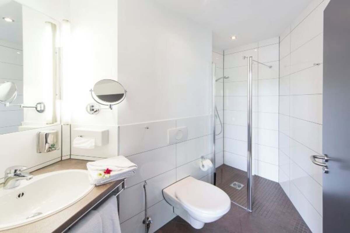 A modern bathroom with a sink, toilet, and glass shower enclosure.