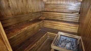 A sauna with wooden benches and a visible heating element.