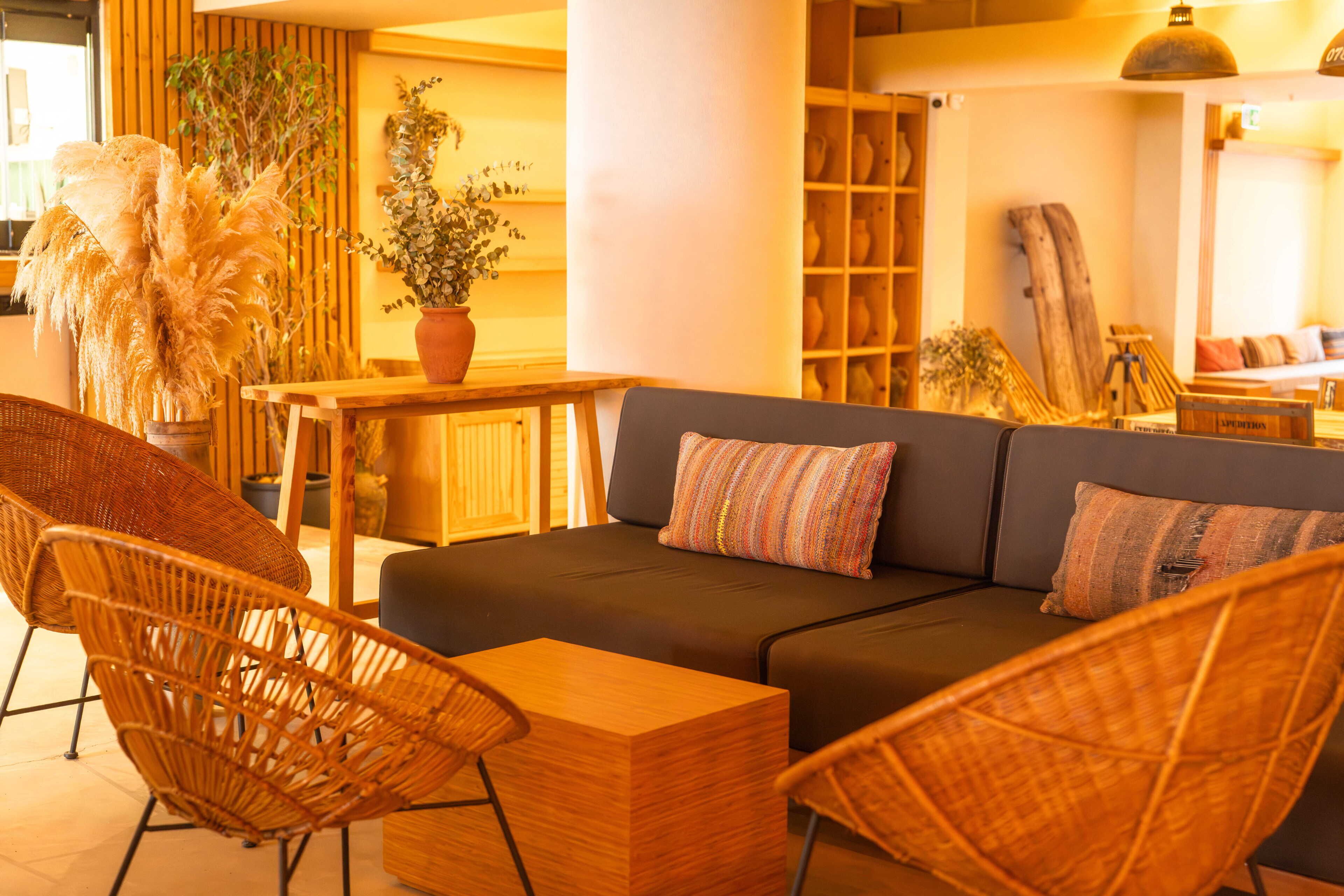 Un área de descanso acogedora con un sofá, sillas de mimbre, una mesa de madera y una planta en maceta.