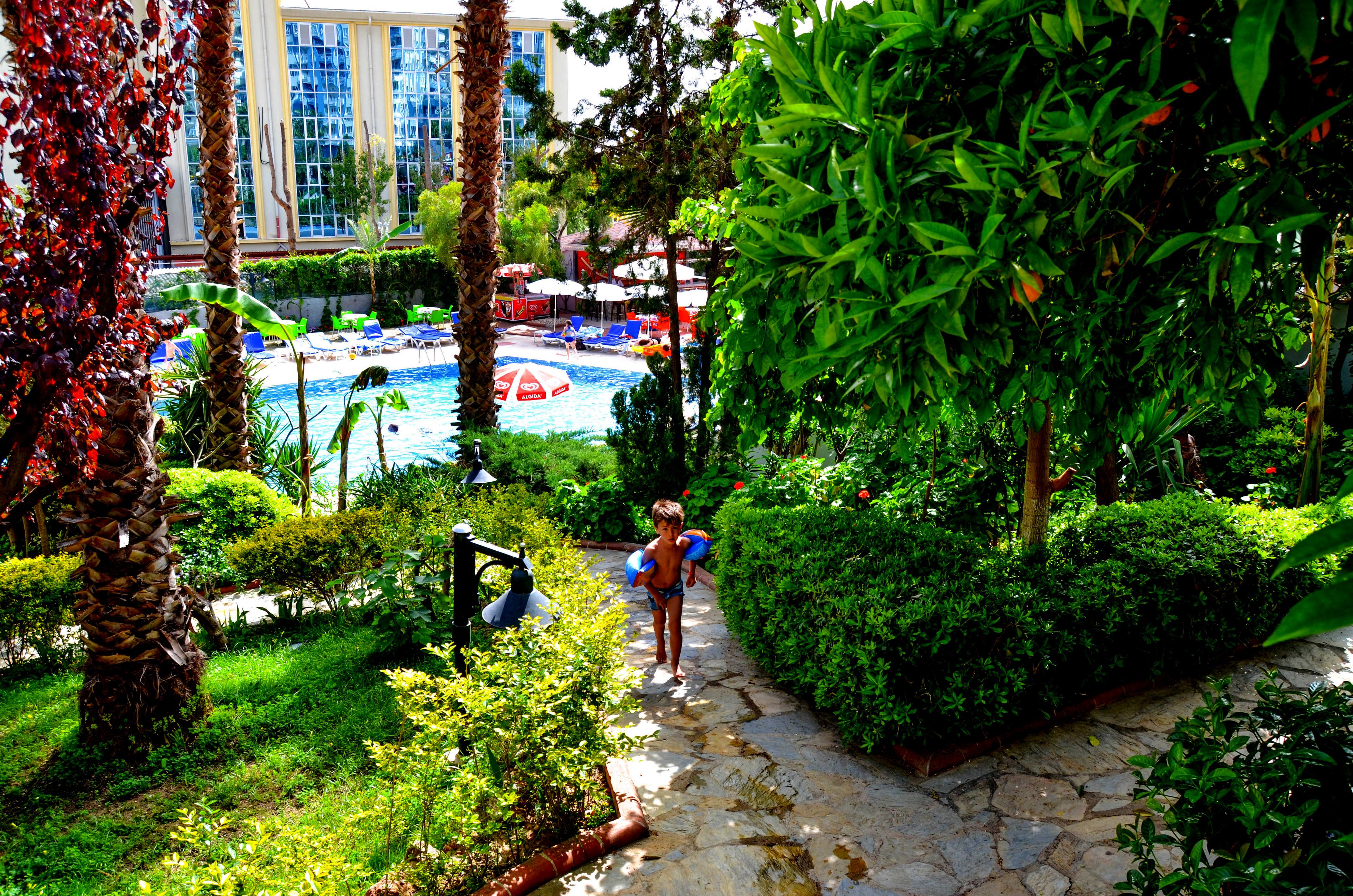 A pool area with lounge chairs and umbrellas, surrounded by lush greenery and a stone pathway.