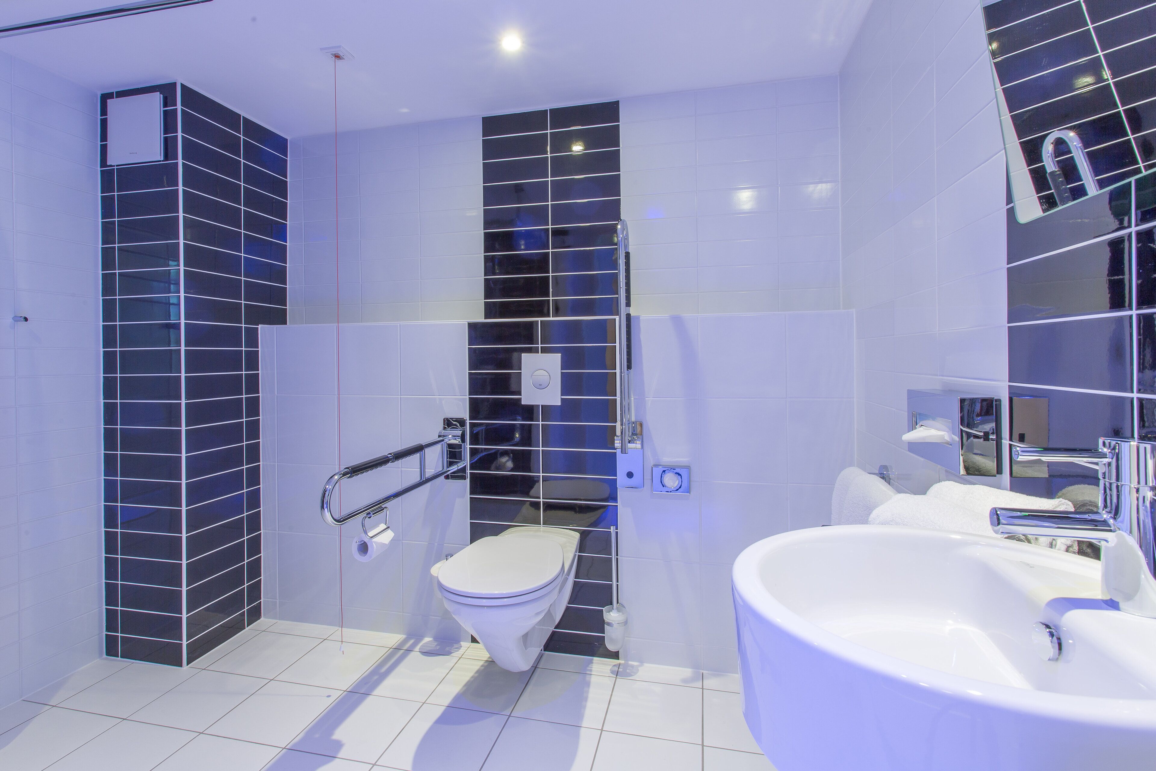 Un baño moderno con una bañera grande, un inodoro y una zona de ducha.