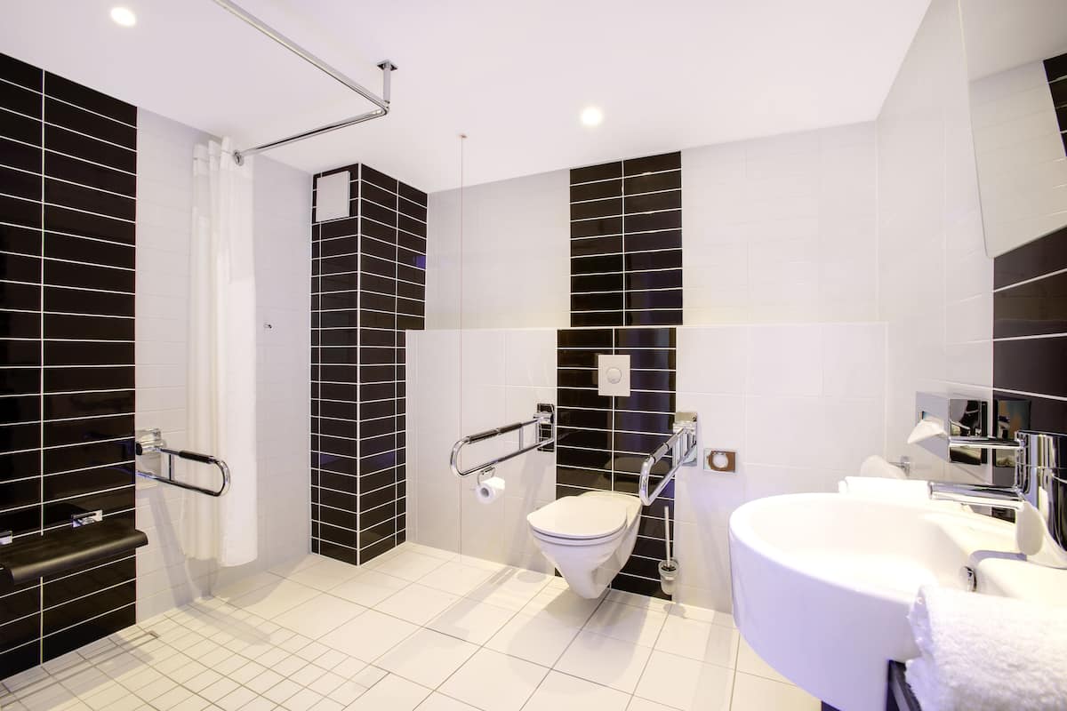 standard room, 1 double bed, accessible | bathroom | rainfall showerhead, hair dryer, towels, soap