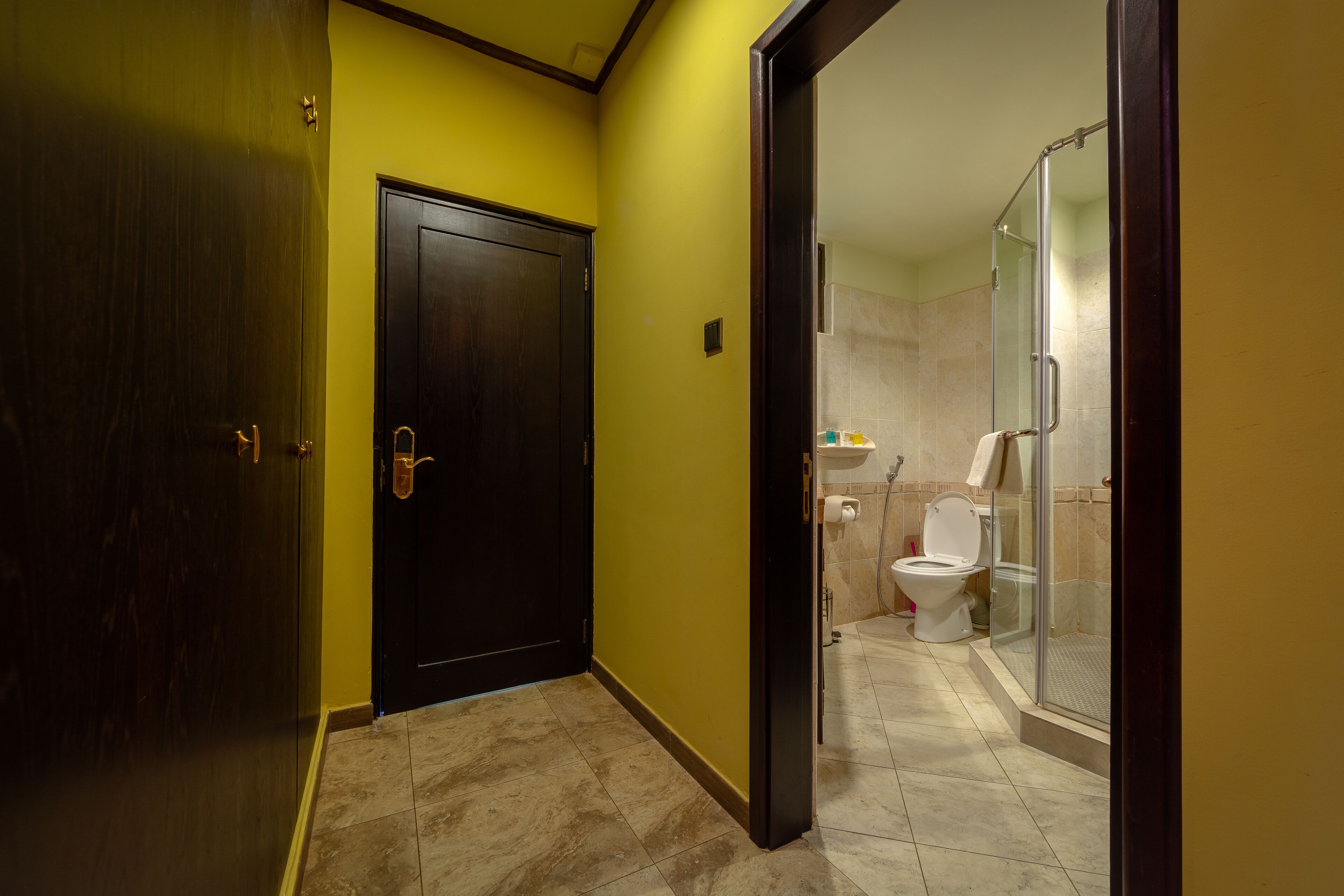 A hallway leading to a bathroom with a toilet and shower area.
