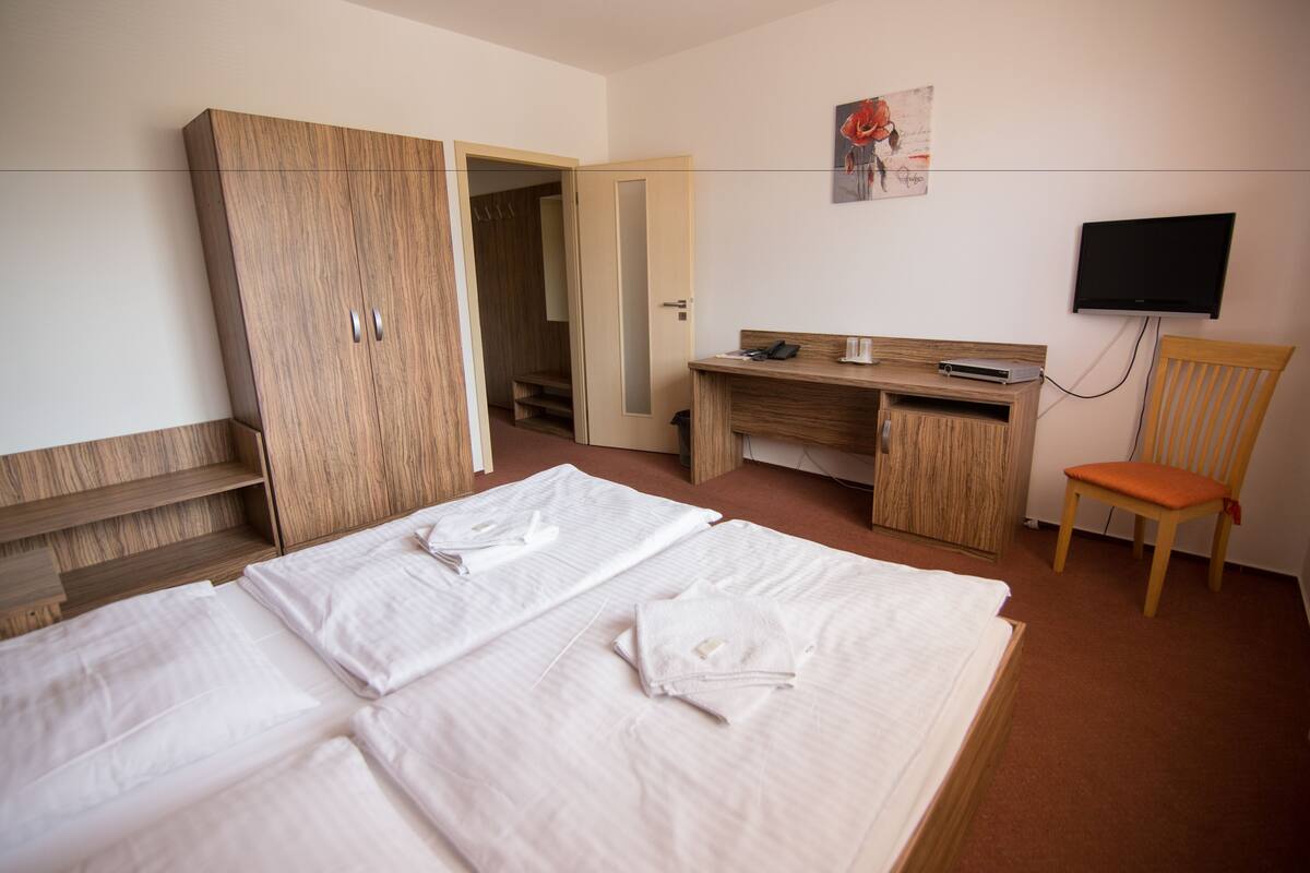 A hotel room with a bed, a desk, a chair, a TV, and a wardrobe.