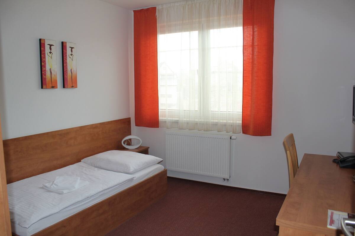 A single bed with a wooden headboard, a bedside table with a lamp, a window with red curtains, and a wooden table with chairs.