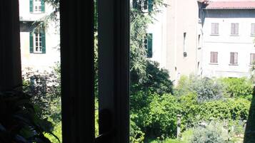 A view through a window with a view of buildings and greenery.