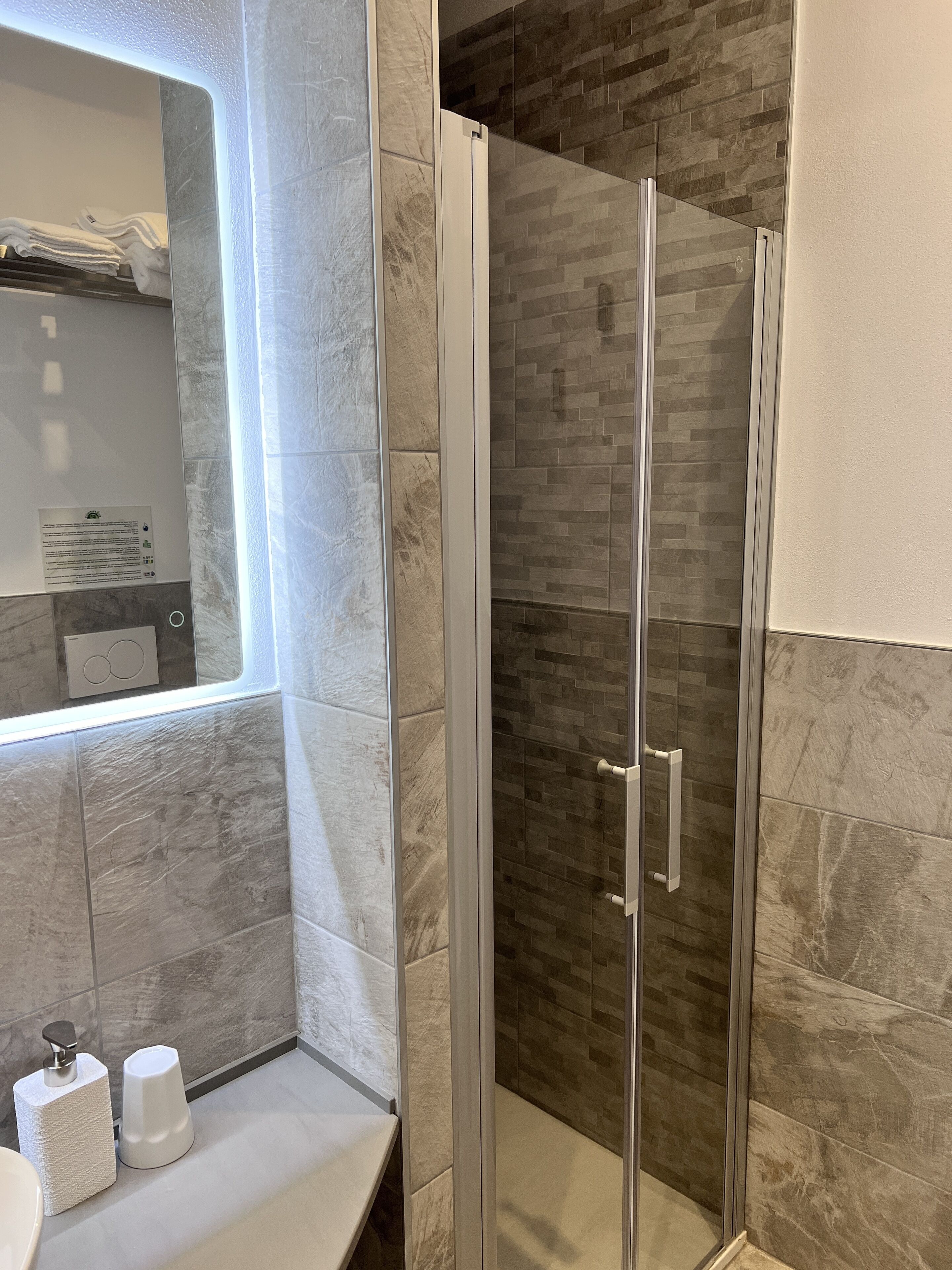 A modern bathroom with a glass-enclosed shower, a vanity with a mirror, and a towel rack.