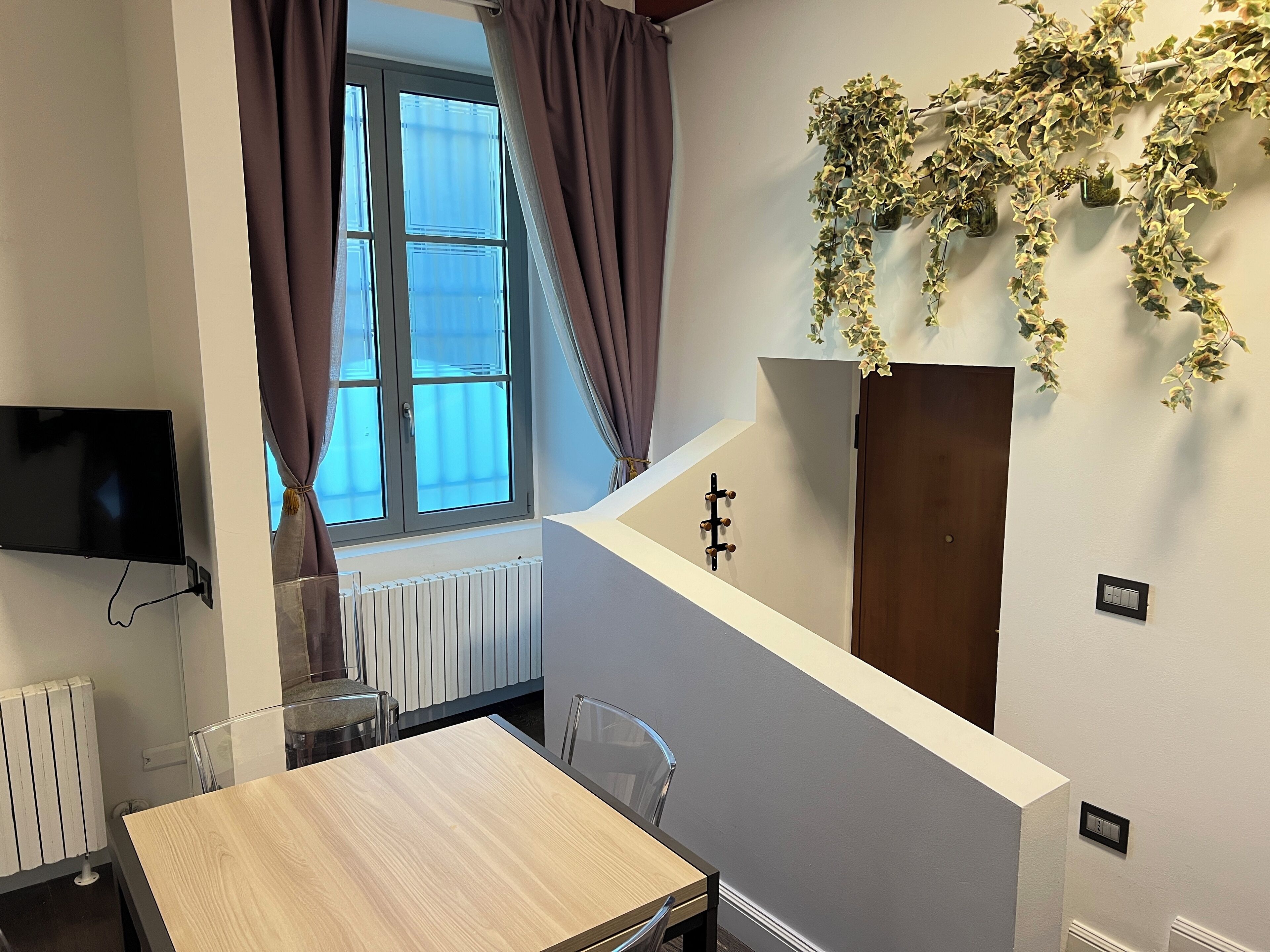 A modern room with a wooden table, a TV mounted on the wall, a window with curtains, a radiator, and a wall-mounted plant.