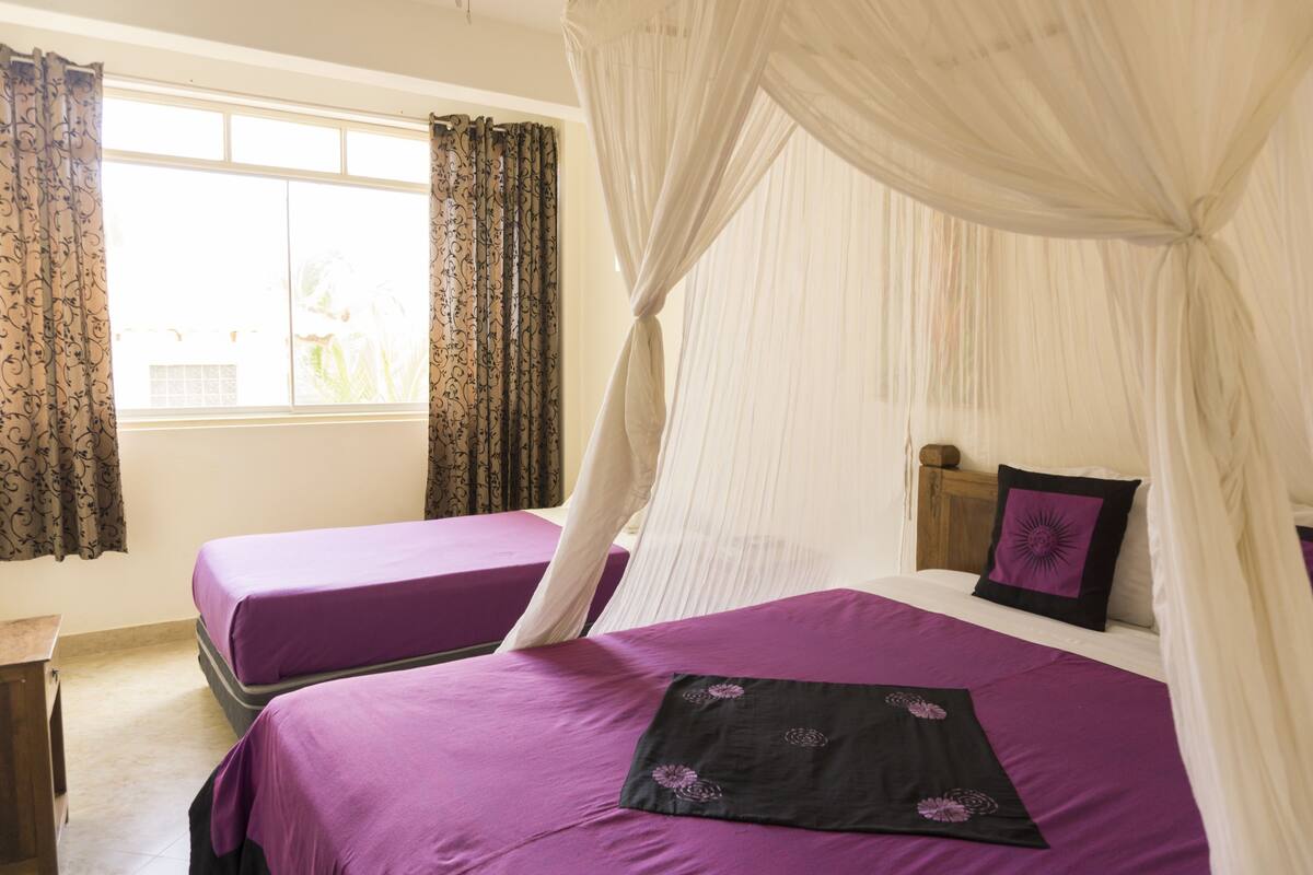 A room with two beds, one with a canopy and the other without. There is a window with curtains, a bedside table, and a nightstand.