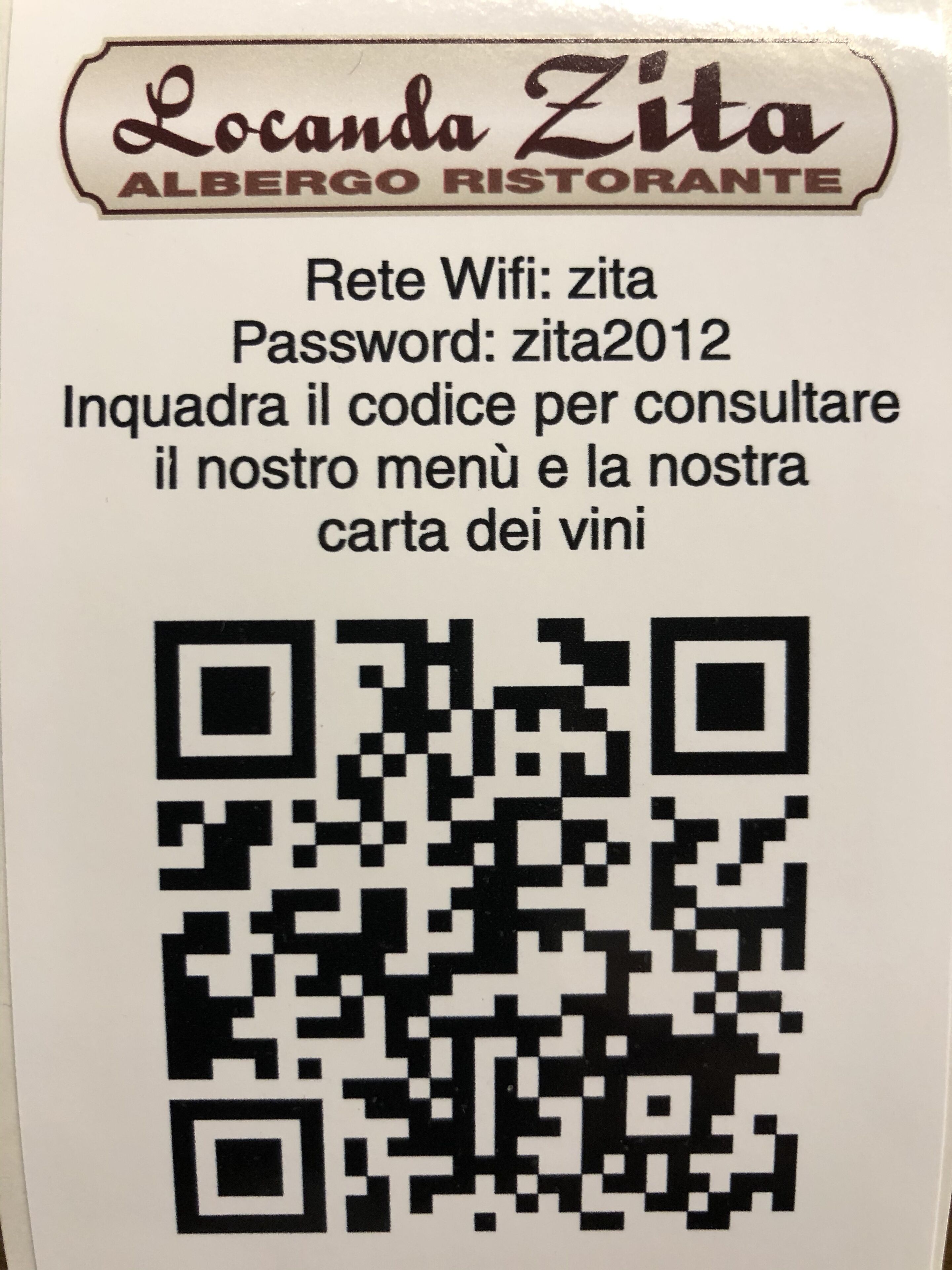 A QR code and text for Locanda Zita Albergo Ristorante, including WiFi and password information.