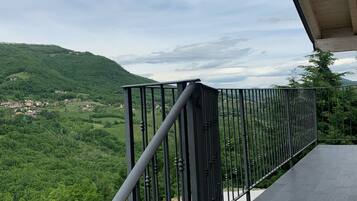Un balcón con barandilla de metal que da a un paisaje verde con colinas y cielo despejado.