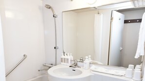 A modern bathroom with a shower, sink, toilet, and handrails.