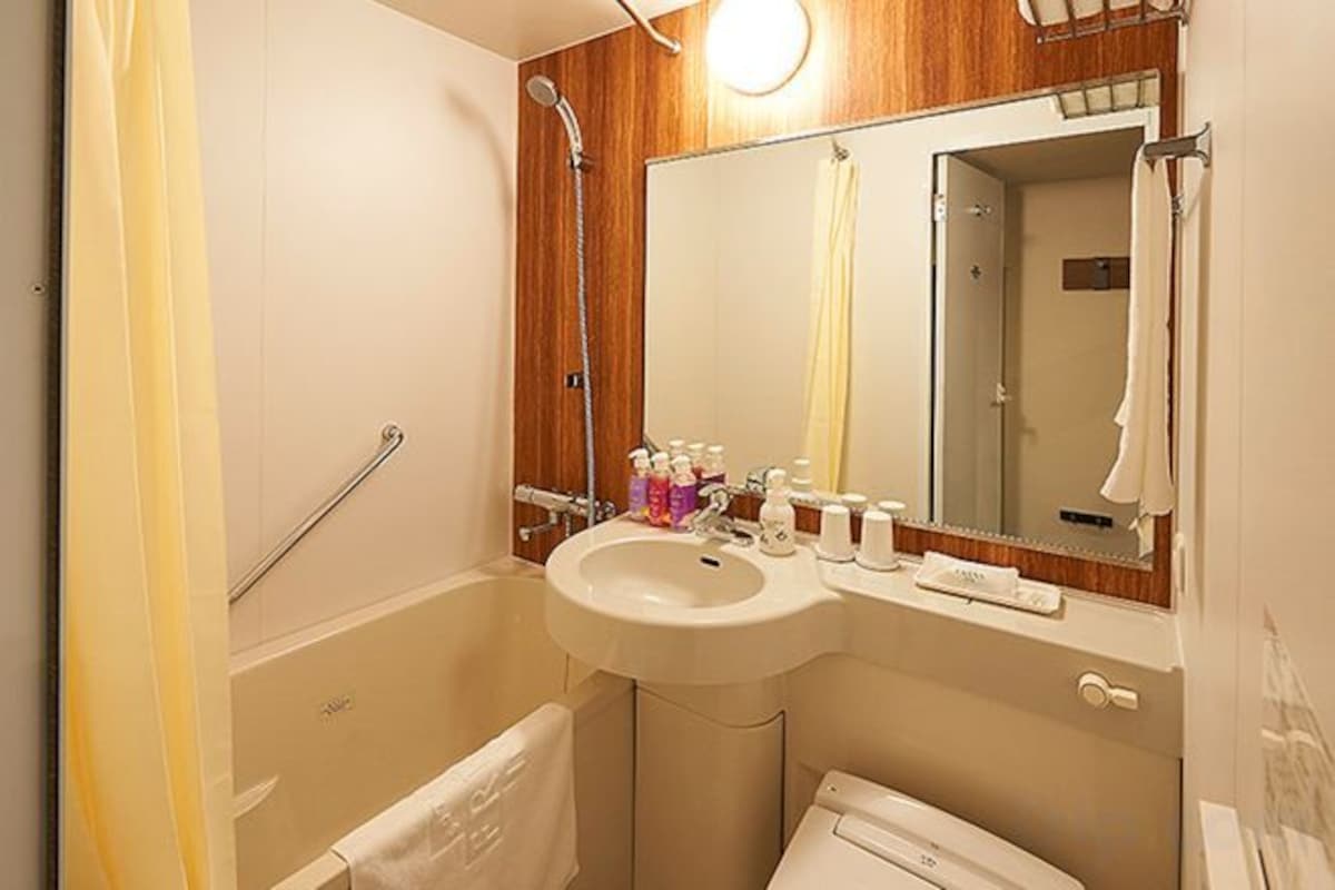 Combined shower/tub, free toiletries, hair dryer, slippers