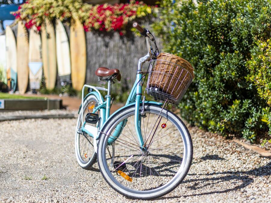 A teal bicycle with a wicker basket, parked on a gravel path.