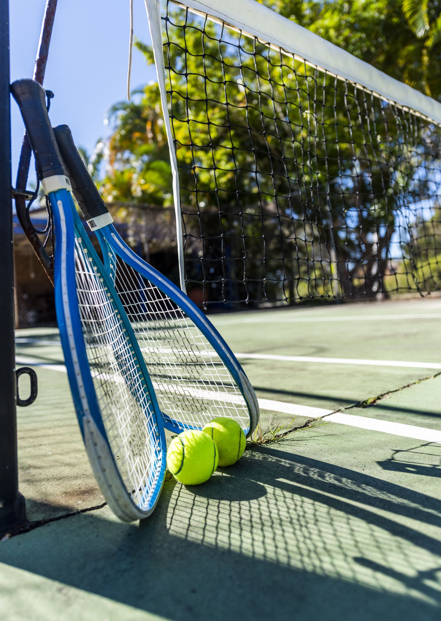 En tennisbane med net, en blå tennisraket og to tennisbolde.