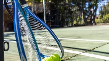 En tennisbane med net, en blå tennisraket og to tennisbolde.