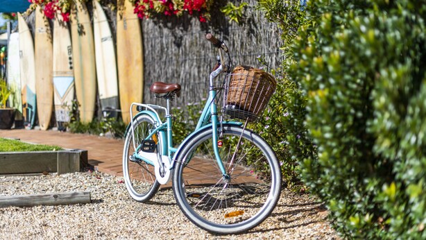 A turquoise bicycle with a basket and a brown seat parked on gravel, with a wooden fence and red flowers in the background. - The Carmel Yamba (Yamba)