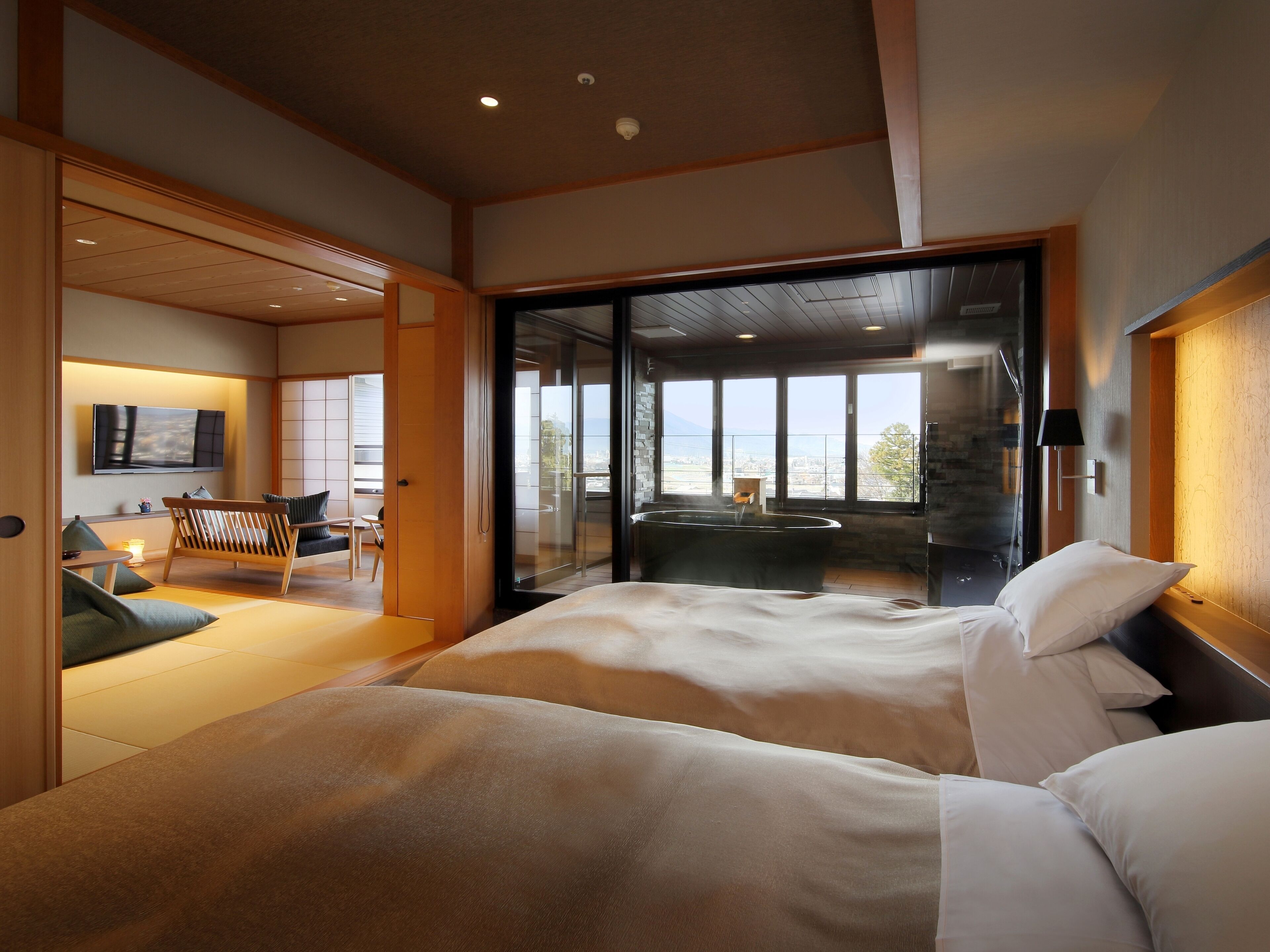 japanese western room with living room and open air bath (70sqm)  | in-room safe, iron/ironing board, free wifi, bed sheets