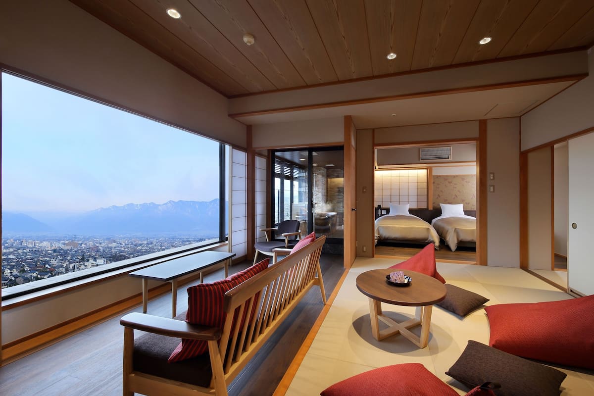 japanese western room with living room and open air bath (70sqm)  | in-room safe, iron/ironing board, free wifi, bed sheets