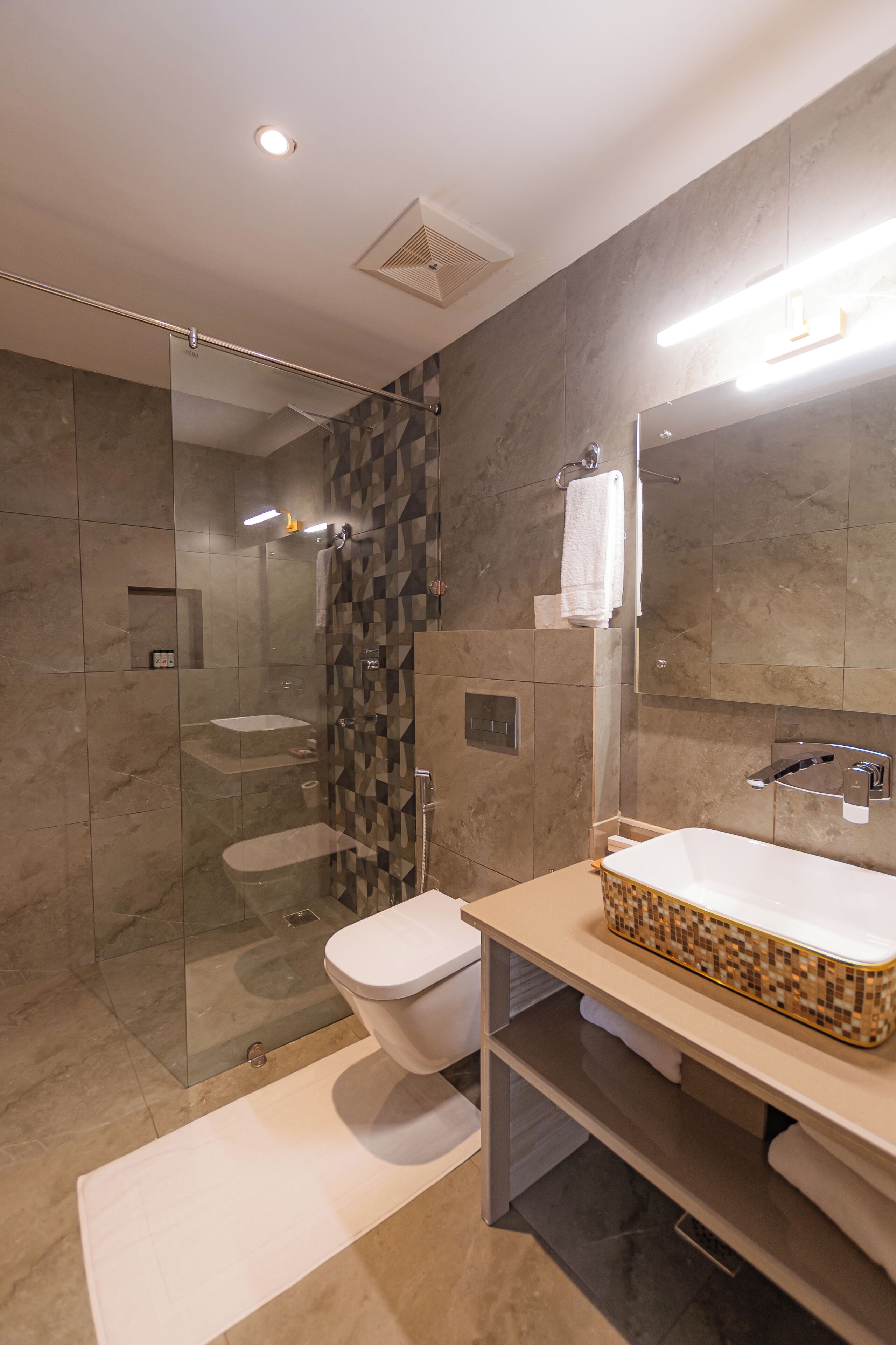 shower, hair dryer, bathrobes, slippers