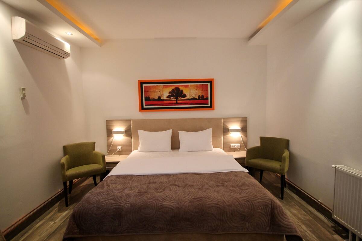 A hotel room with a large bed, two armchairs, a painting on the wall, and a radiator.