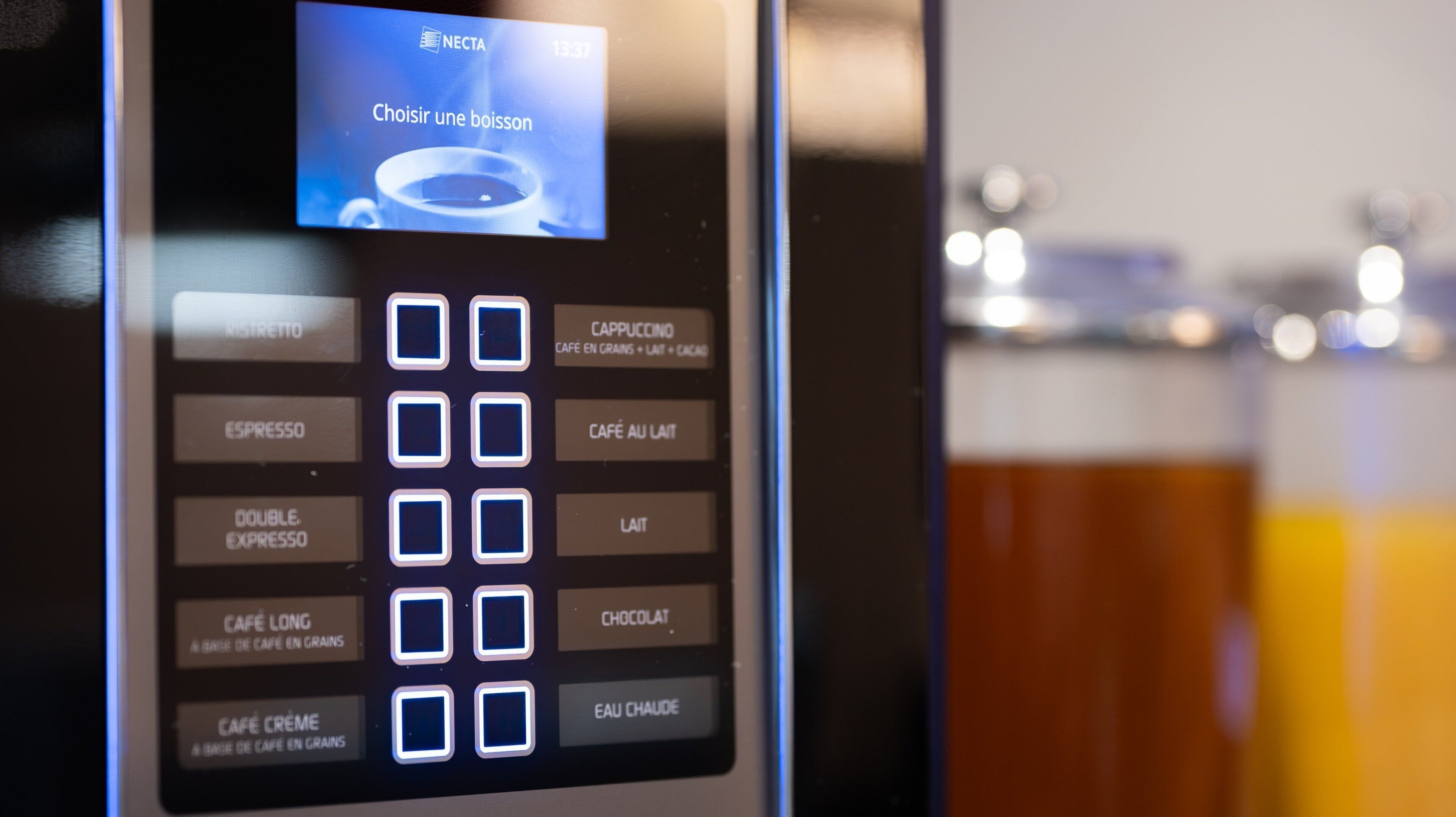 A coffee machine interface with options like espresso, cappuccino, and latte.