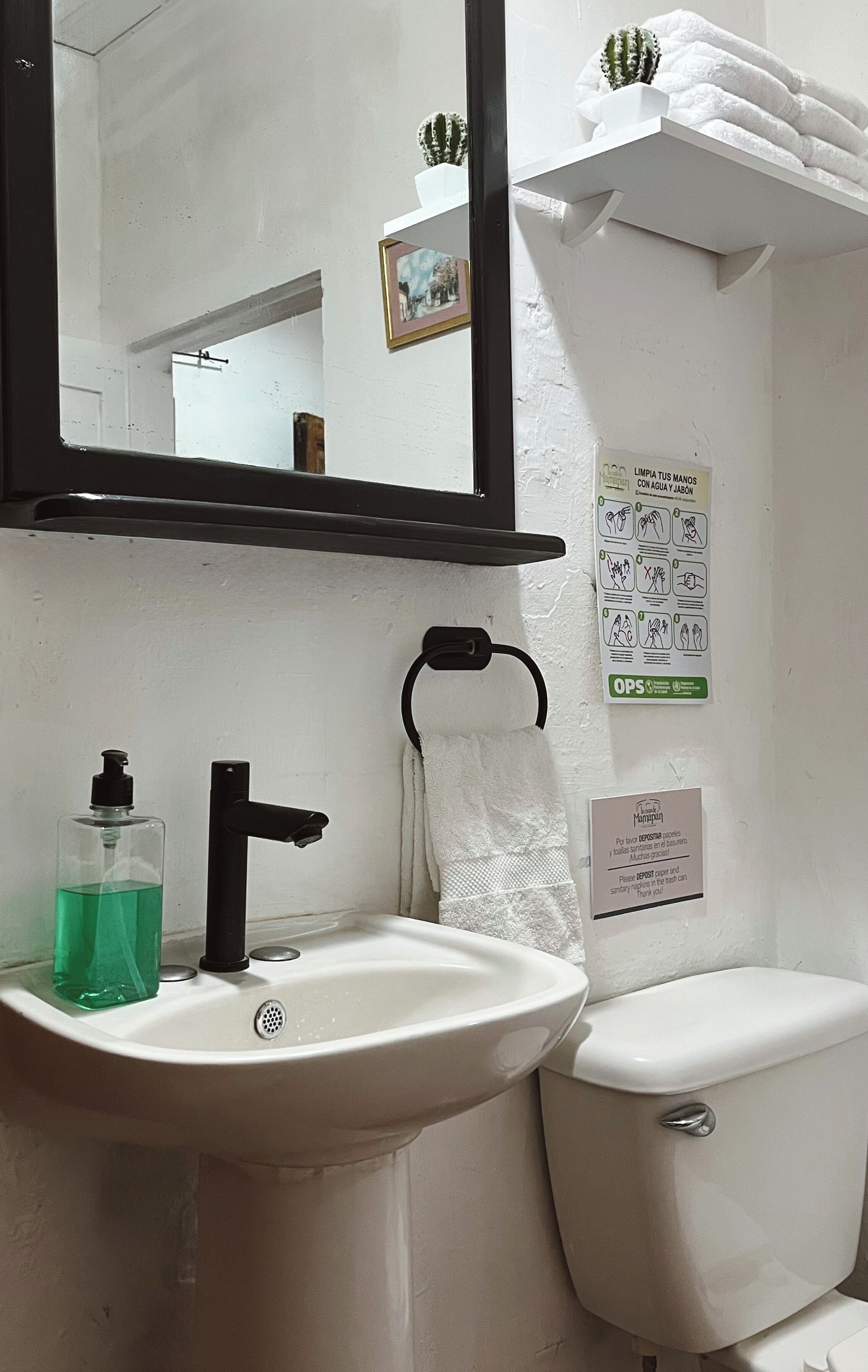 Une salle de bain avec un lavabo, un robinet et un distributeur de savon. On y trouve également des toilettes, un porte-serviettes et un miroir.