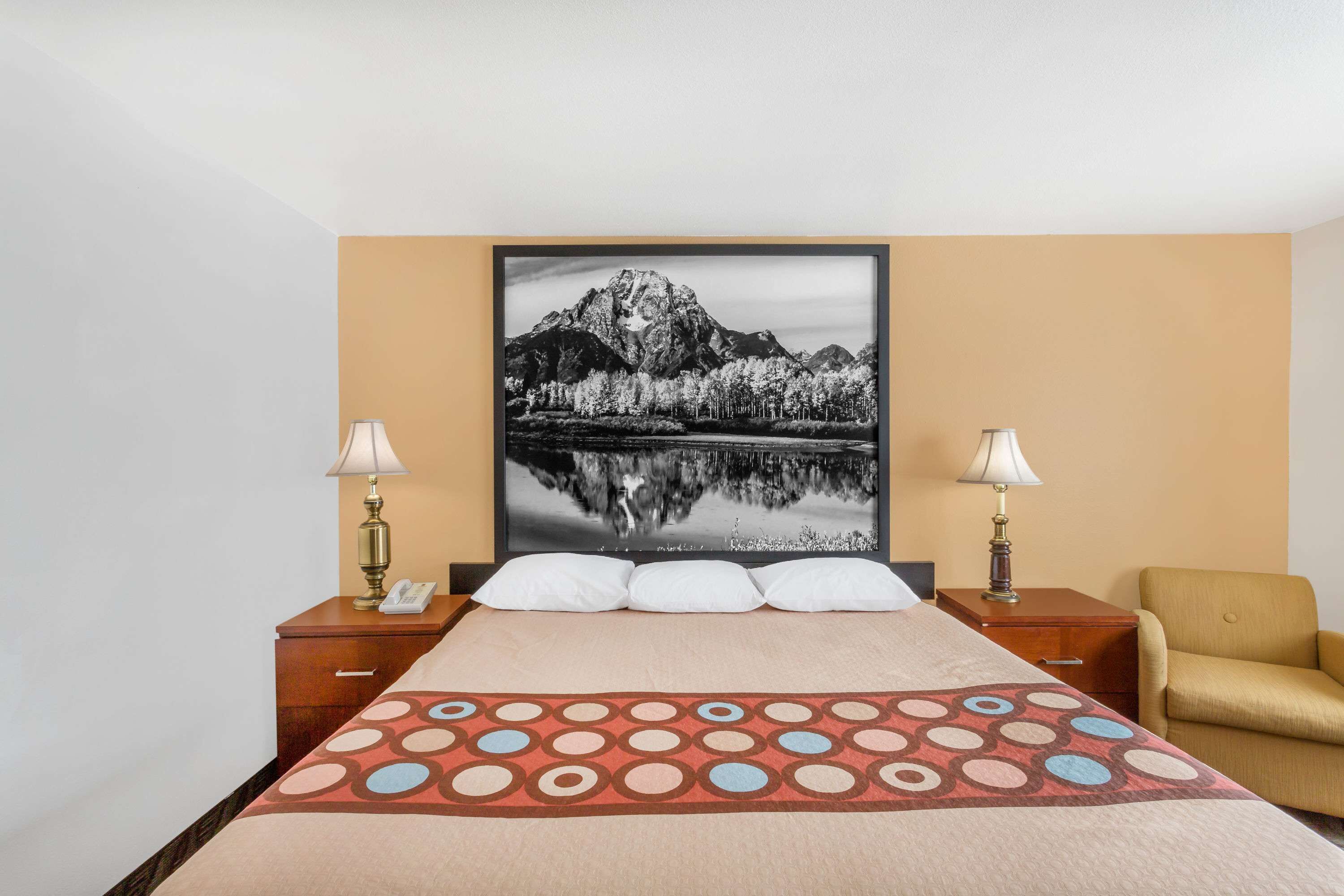 Une chambre d’hôtel avec un lit, deux lampes de chevet, une chaise et un tableau encadré au mur.