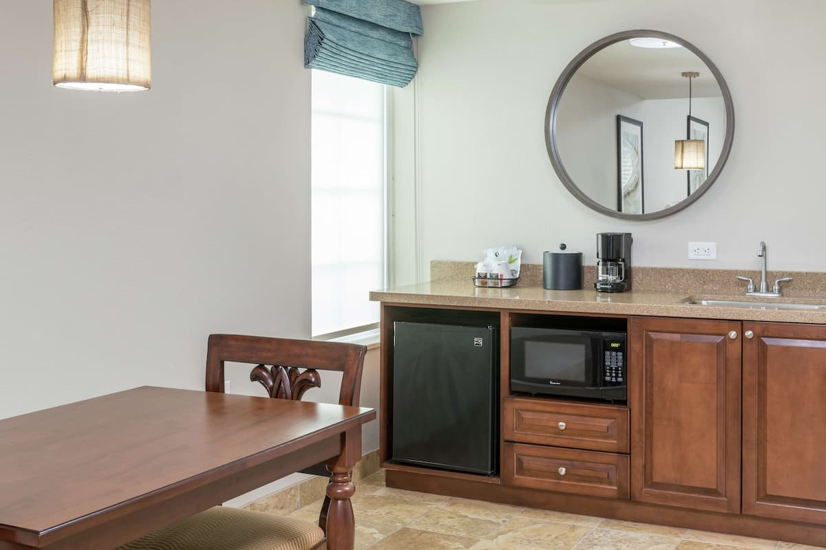 Mini-fridge, microwave, coffee/tea maker
