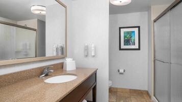 A bathroom with a granite countertop sink, a mirror, a framed picture on the wall, and a toilet.