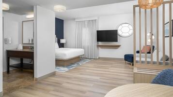 Hypo-allergenic bedding, desk, laptop workspace, blackout curtains