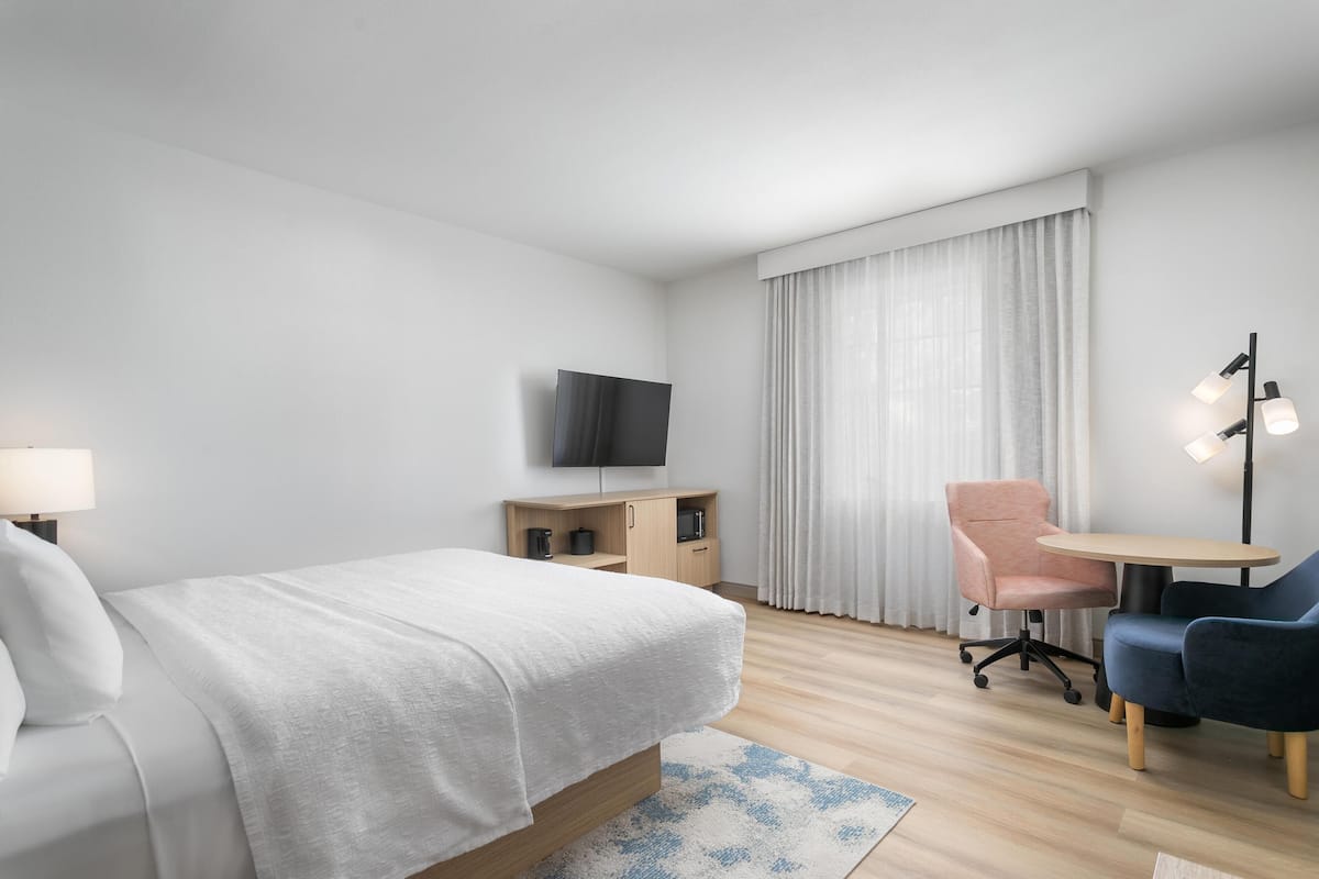 A modern hotel room with a bed, a desk, a chair, a TV, and a lamp.