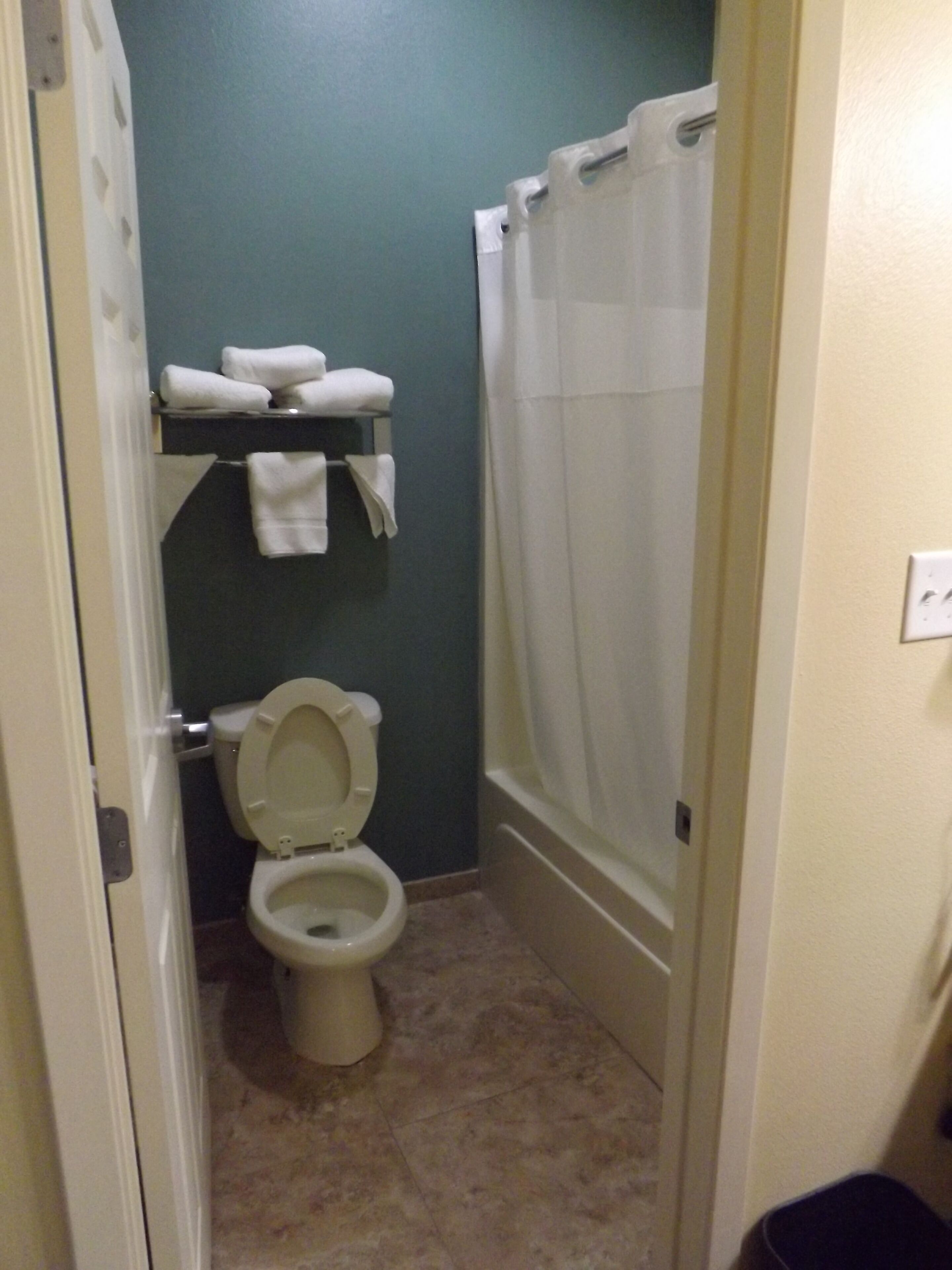 Un baño pequeño con inodoro, un estante con toallas y cortina de ducha.