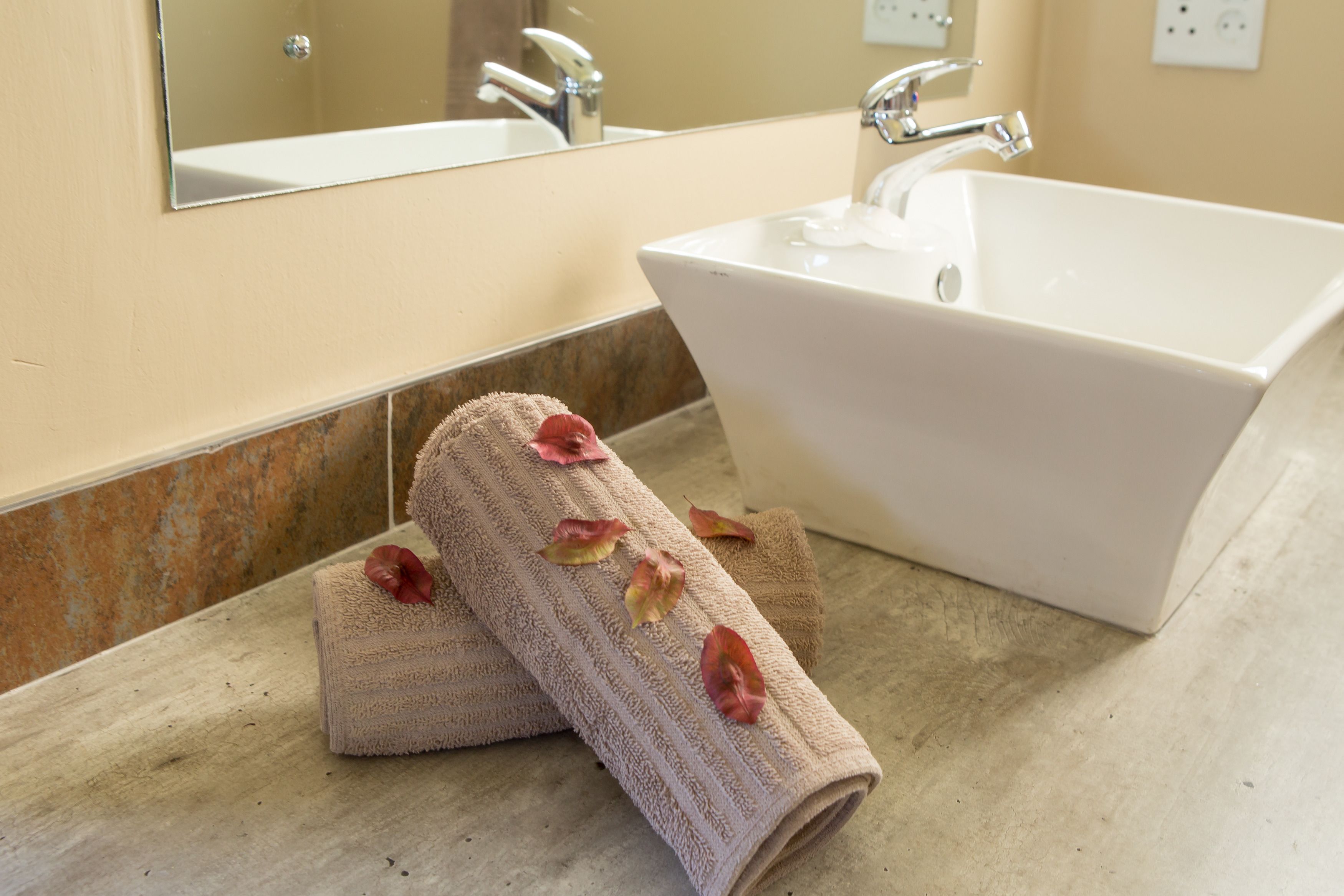 Un baño con un lavamanos blanco, un espejo y una toalla con pétalos de rosa en la encimera.