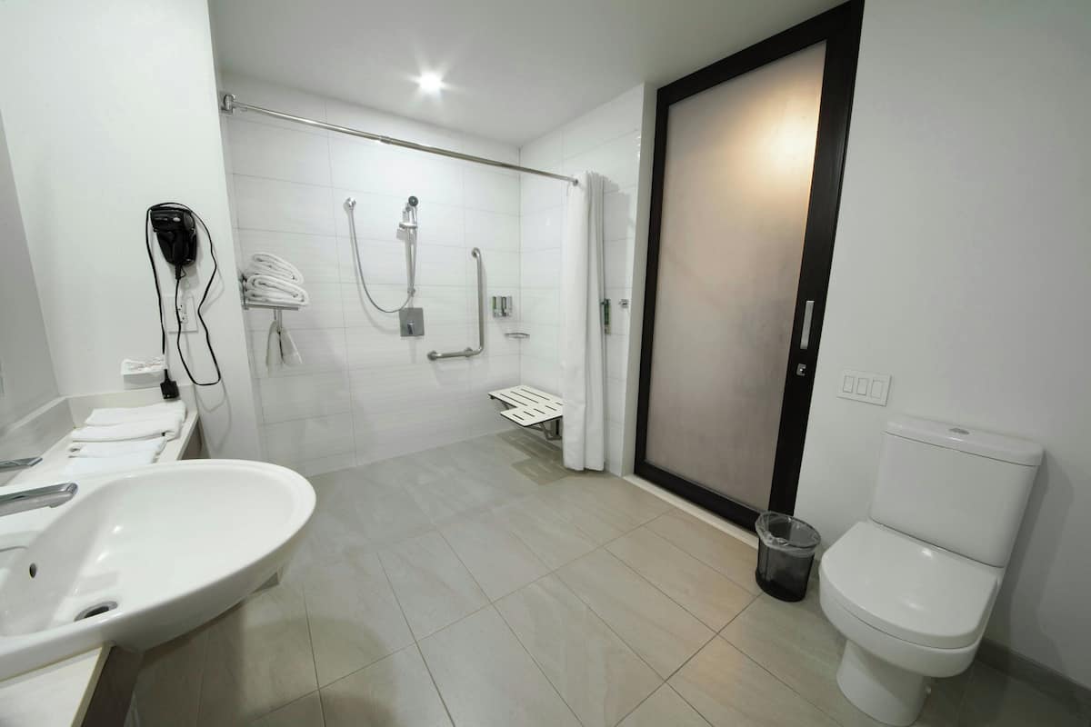 shower, eco-friendly toiletries, hair dryer, towels