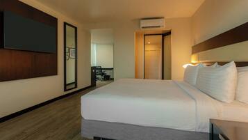 Habitación de hotel con cama, televisión de pantalla plana, escritorio y zona de ducha.