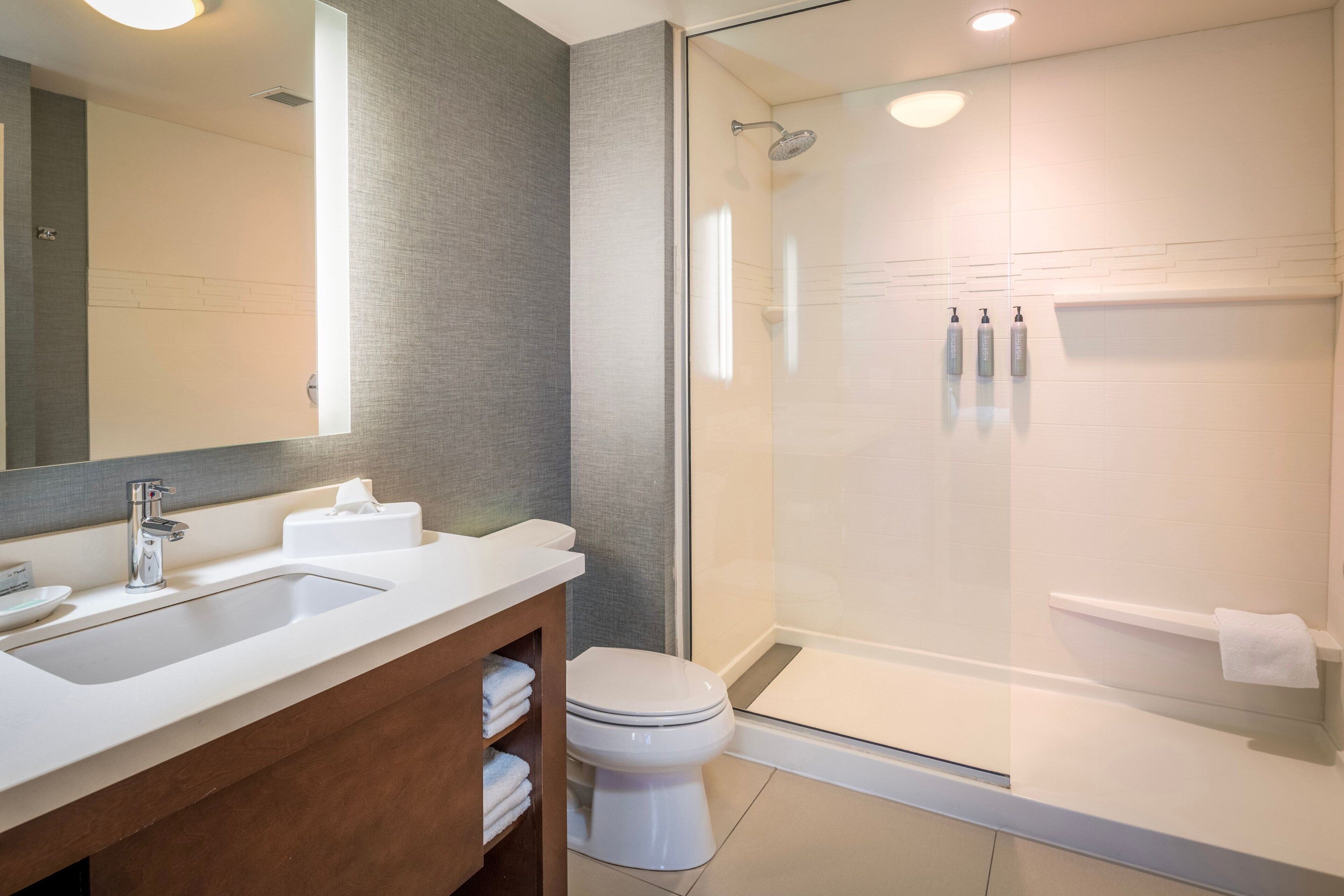 hair dryer, towels, soap, shampoo