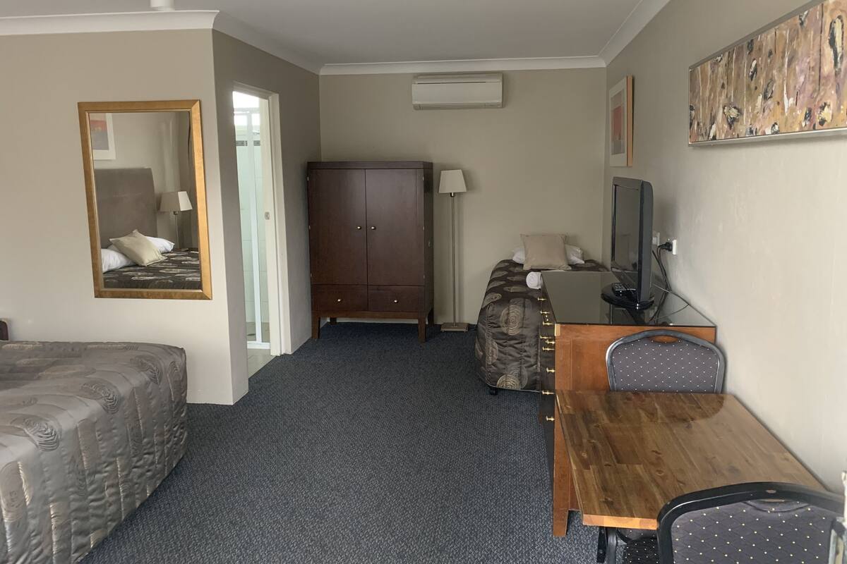 Habitación de hotel con cama, escritorio, silla, armario, televisión y espejo.