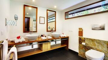 A modern bathroom with two sinks, a large mirror, a toilet, and a towel rack.