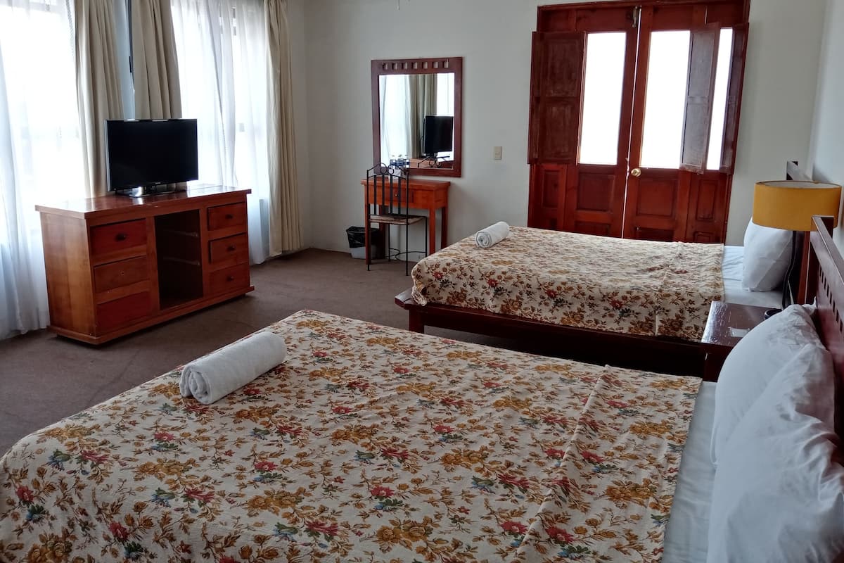 Een hotelkamer met twee bedden, een televisie op een houten dressoir, een bureau met stoel en een grote spiegel.