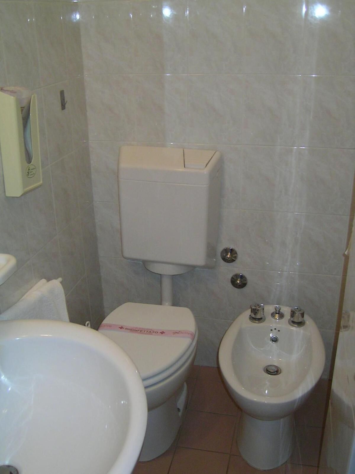 Ein Badezimmer mit Toilette, Bidet und Waschbecken.