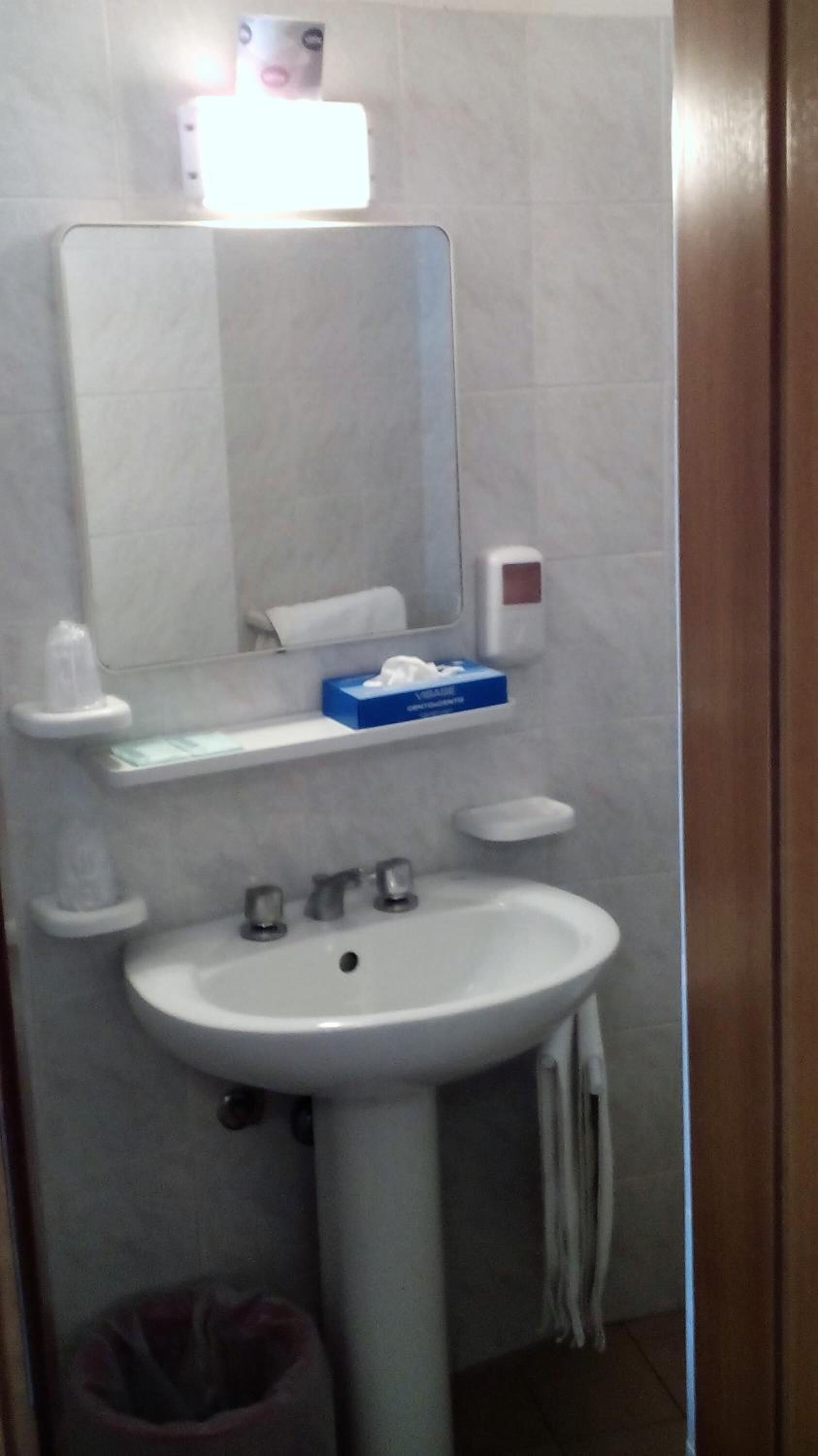 Ein Badezimmer mit einem weißen Waschbecken, einem Spiegel und einer Taschentuchbox auf der Ablagefläche.