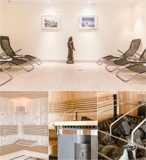 A spa room with wooden benches, a sauna, and a stone bath. - A CASA Residenz (Soelden)