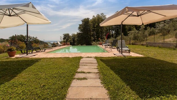 Un jardin avec une piscine, deux parasols et des chaises longues.
