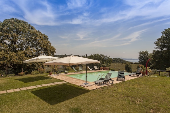 Un patio trasero con piscina, sillas de descanso y sombrillas.