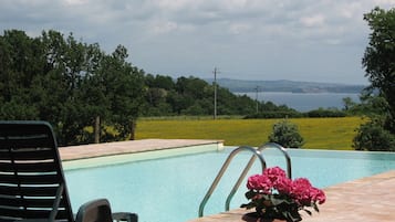 Seasonal outdoor pool, pool umbrellas, sun loungers