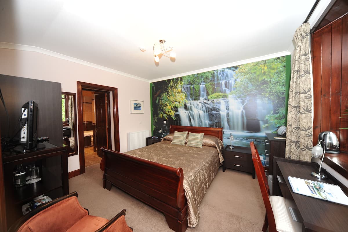 A bedroom with a large bed, a desk, a chair, a television, and a wall mural of a waterfall.