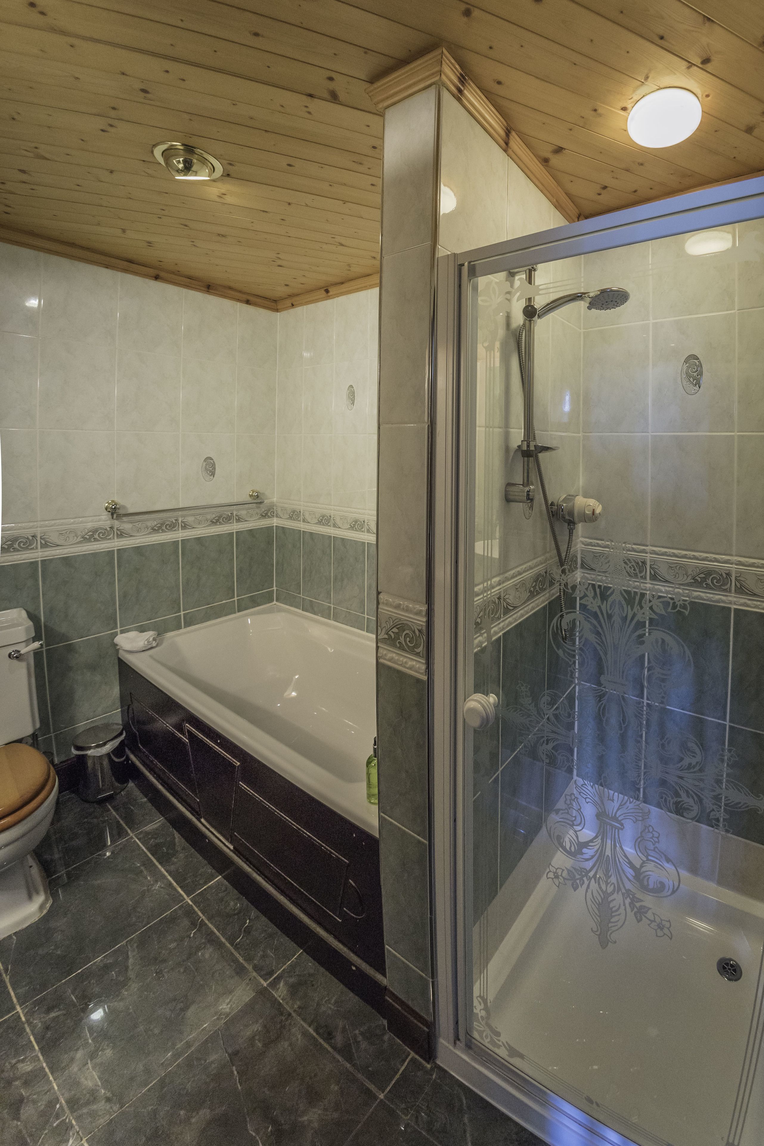A bathroom with a glass-enclosed shower, a freestanding bathtub, and a toilet.
