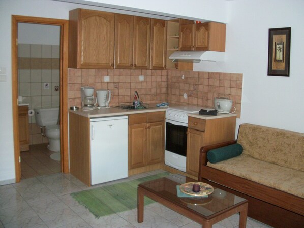 A compact kitchen with wooden cabinets, a white dishwasher, a stove, and a sink. There's a green rug on the floor and a wooden table with a bowl. - Zest @ Xi Beach (Kefalonia)