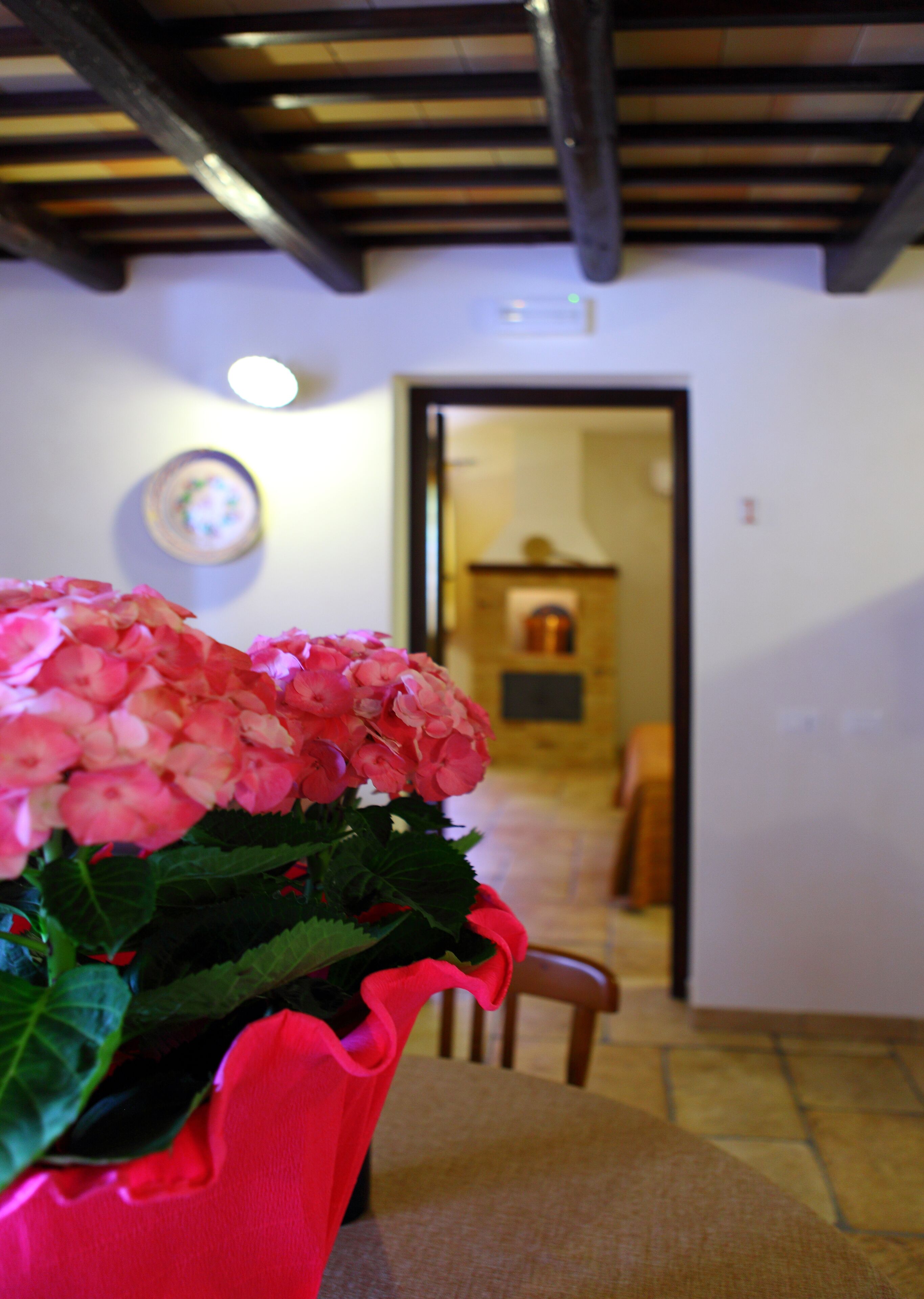 Un couloir avec un plafond en bois, une porte donnant sur une autre pièce et un vase rempli de fleurs roses posé sur une table.